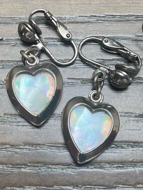 Vintage Faux Opal Heart Dangle Earrings Clip-On Leverback Style Silver Tone